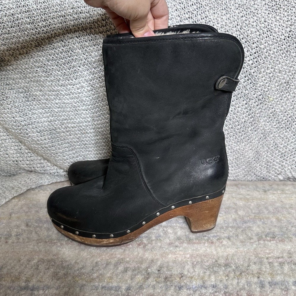 Black Leather Shearling Cuff Clog Boots - Picture 4 of 9